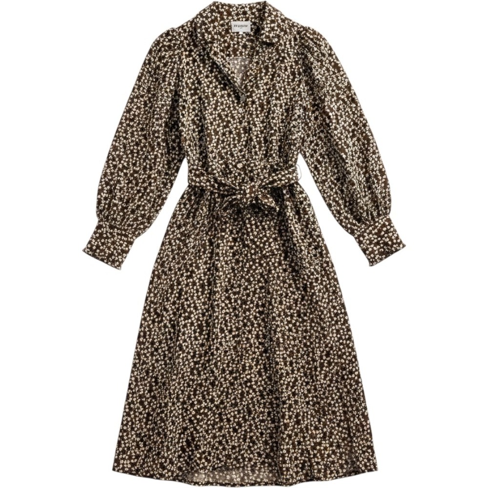 Frnch‎ Paris Shirt Dress  Brown Ivory Floral A Line Tie Waist Midi S Cottagecore